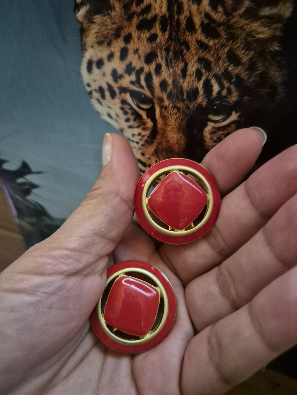 Vintage Red and Gold Round Clip Earrings